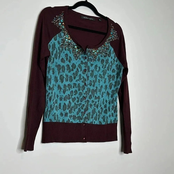 Ladies Leopard Turquoise/Brown Cardigan w/Jeweled Neckline Sz M Excellent Cond - Picture 2 of 7
